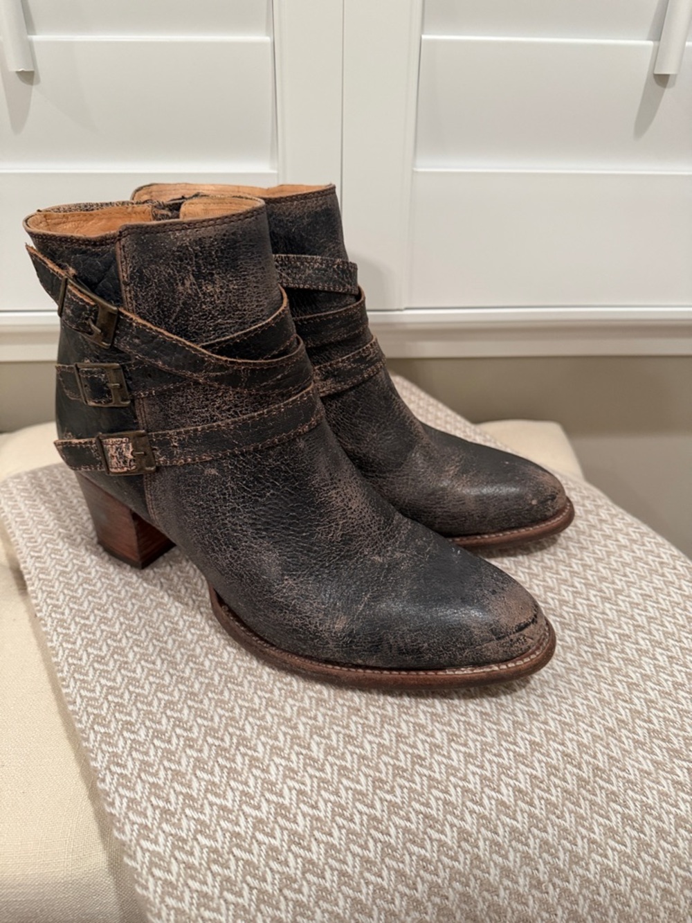 Bed Stu Black Distressed Leather Buckle Ankle Boots